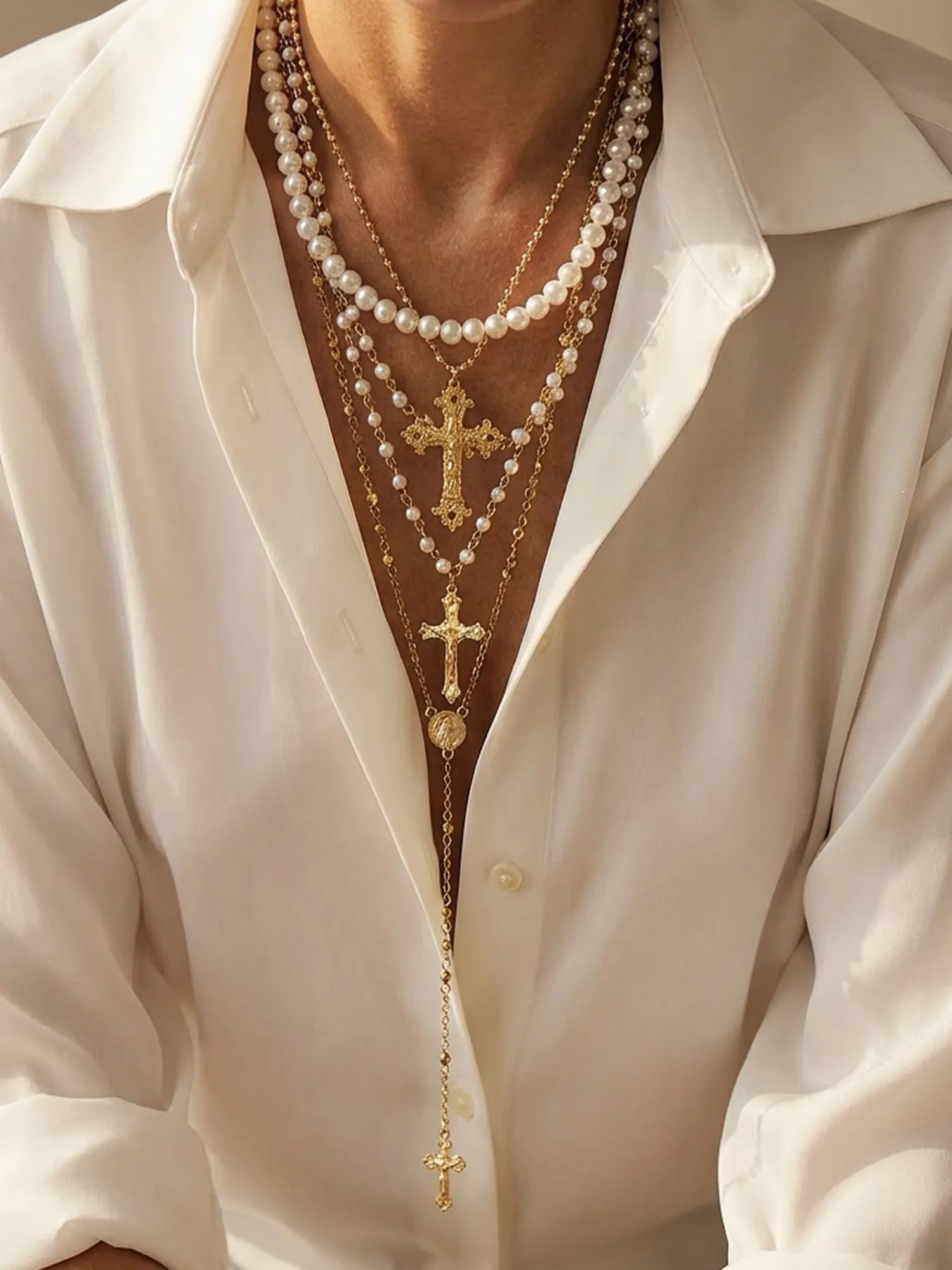 Festival Outfits &mdash; Cream Gold Layered Cross Faux Pearl Strand Tassel Choker Necklace