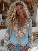 Vintage Pink Roses Flower Embroidered Linen Blend T-shirt