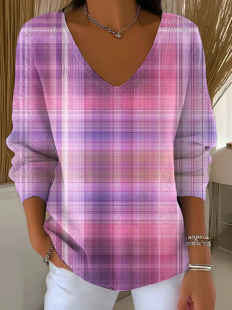 Women's Pink Purple Stripe Painting Art Print Casual Pullover Sweater