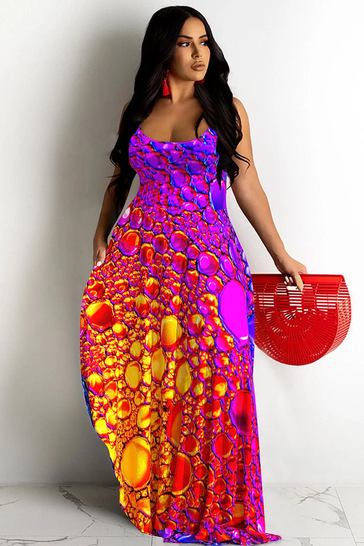 Plus Size Colorblock Abstract U Neck Sleeveless Maxi Dresses [Pre-Order]