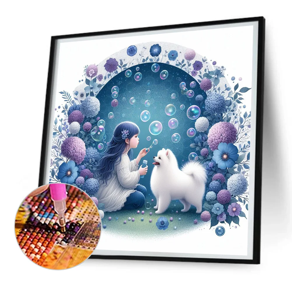 Full Round Diamond Painting 30*30cm - Girl And Samoyed Dog