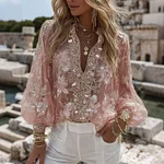 Women's Vintage Floral Art Print Comfy V Neck T-shirt - Image 2