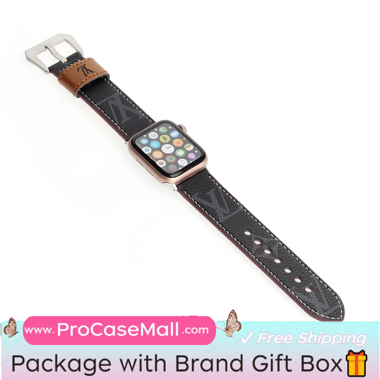 LV Genuine Leather Monogram Canvas Apple Watch Strap Checkerboard Canvas