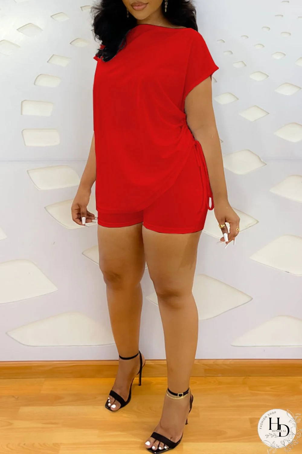 Red Casual Solid Patchwork Oblique Collar Short Sleeve Two Pieces