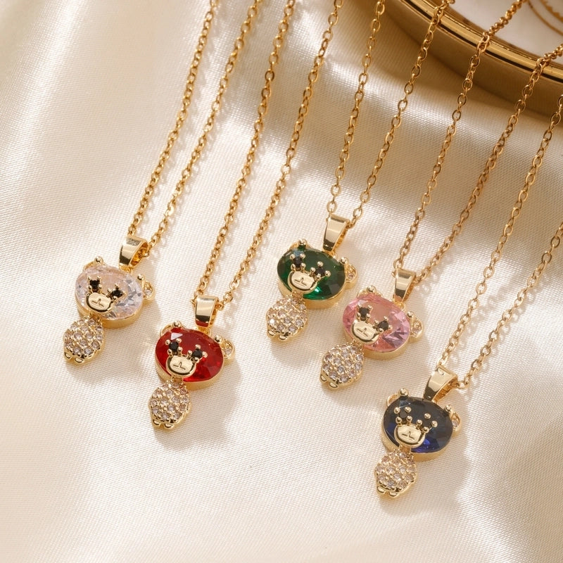 304 Stainless Steel Copper Rhodium Plated Inlay Bear Heart Shape Glass Zircon Pendant Necklace