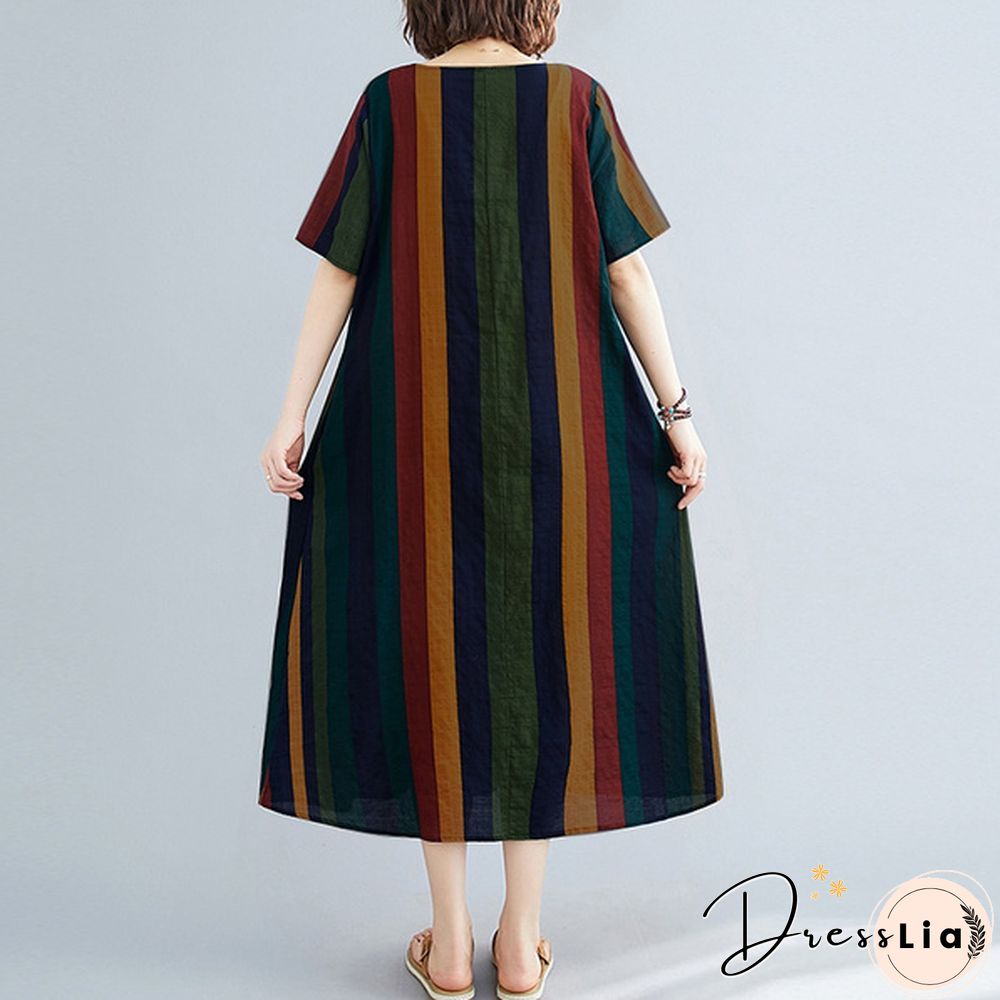 ZANZEA Women Summer Short Sleeve Plus Size Vintage Striped Dresses Long Dress