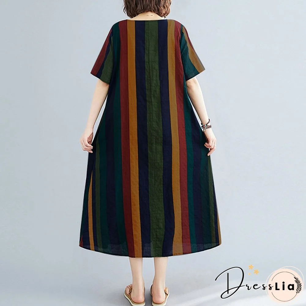 ZANZEA Women Summer Short Sleeve Plus Size Vintage Striped Dresses Long Dress