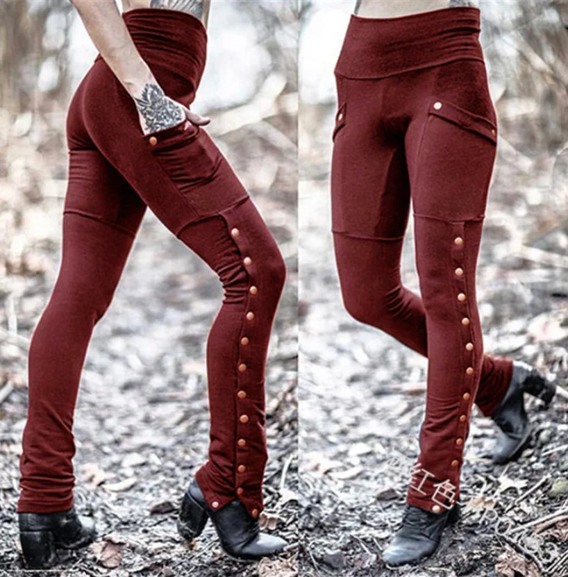 Uveng Uveng Fashion Handsome Lady Rivet Open Fork Design Pedal Trousers Emboldel Pocket Decor Pencil Pants