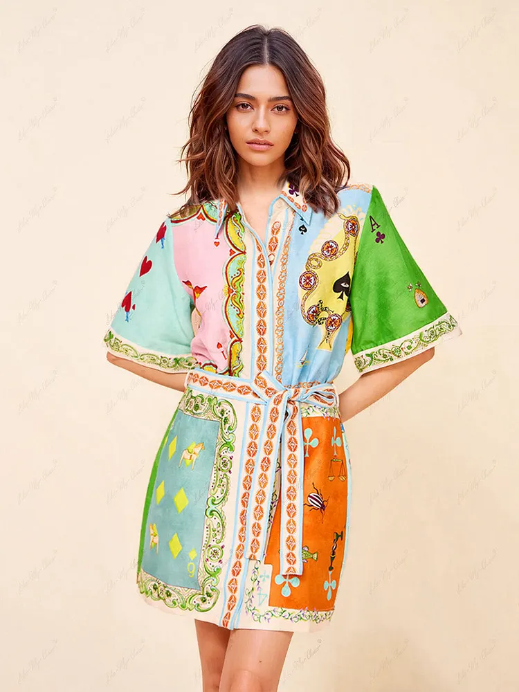 Casual Fashionable Fun Printed Shirt Cardigan Short Dress