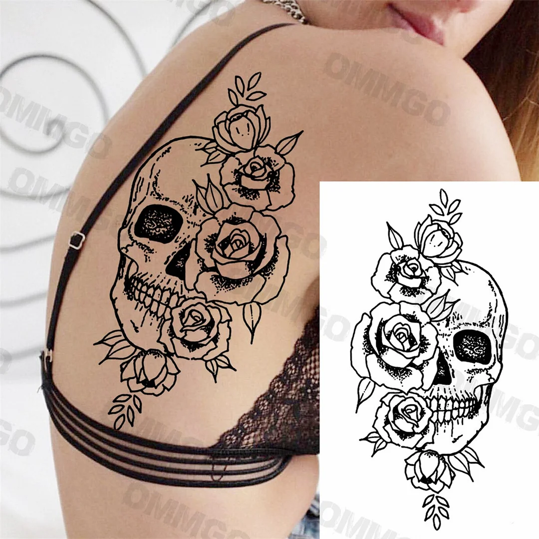 Sdrawing Rose Flower Skeleton Temporary Tattoos For Women Adult Girl Lion Tiger Crown Fake Tattoo Body Art Painting Tatoo Decal