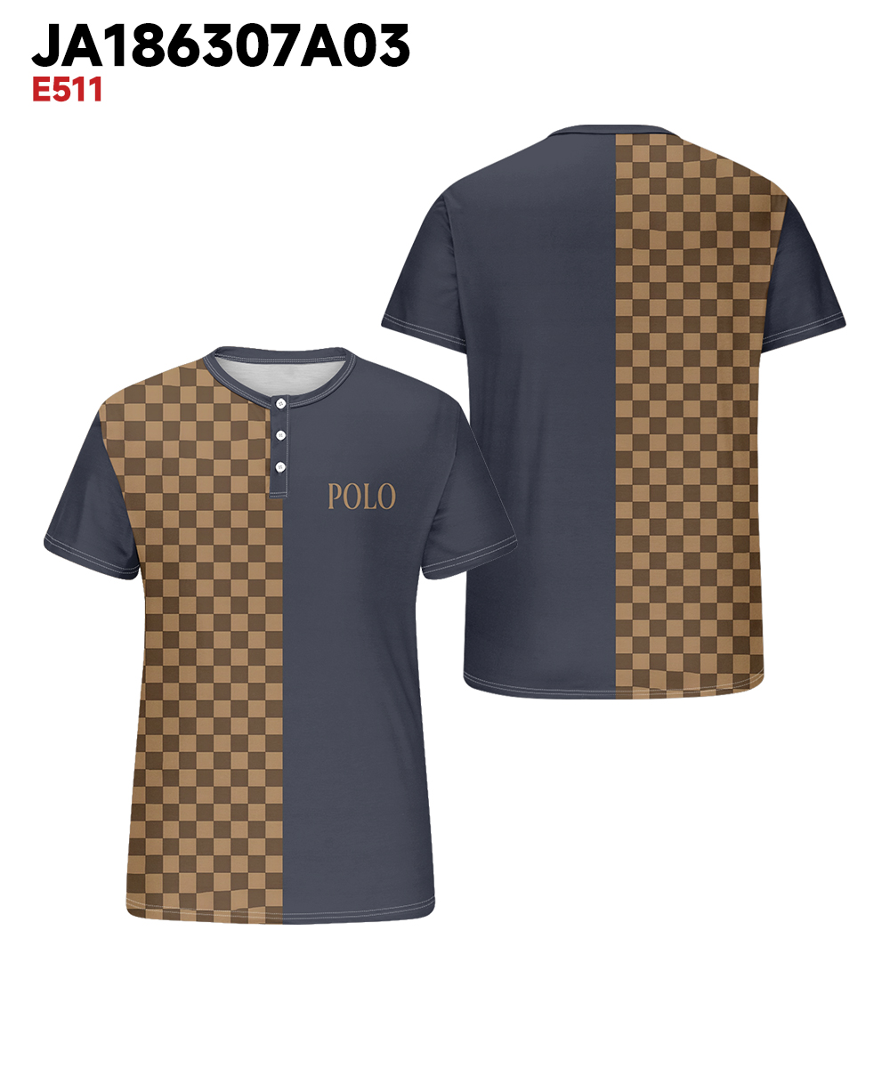 Men's Plus Size Daily Casual Blue Stitching Brown Plaid Letter Print Henry Collar Button Short Sleeve T-Shirt