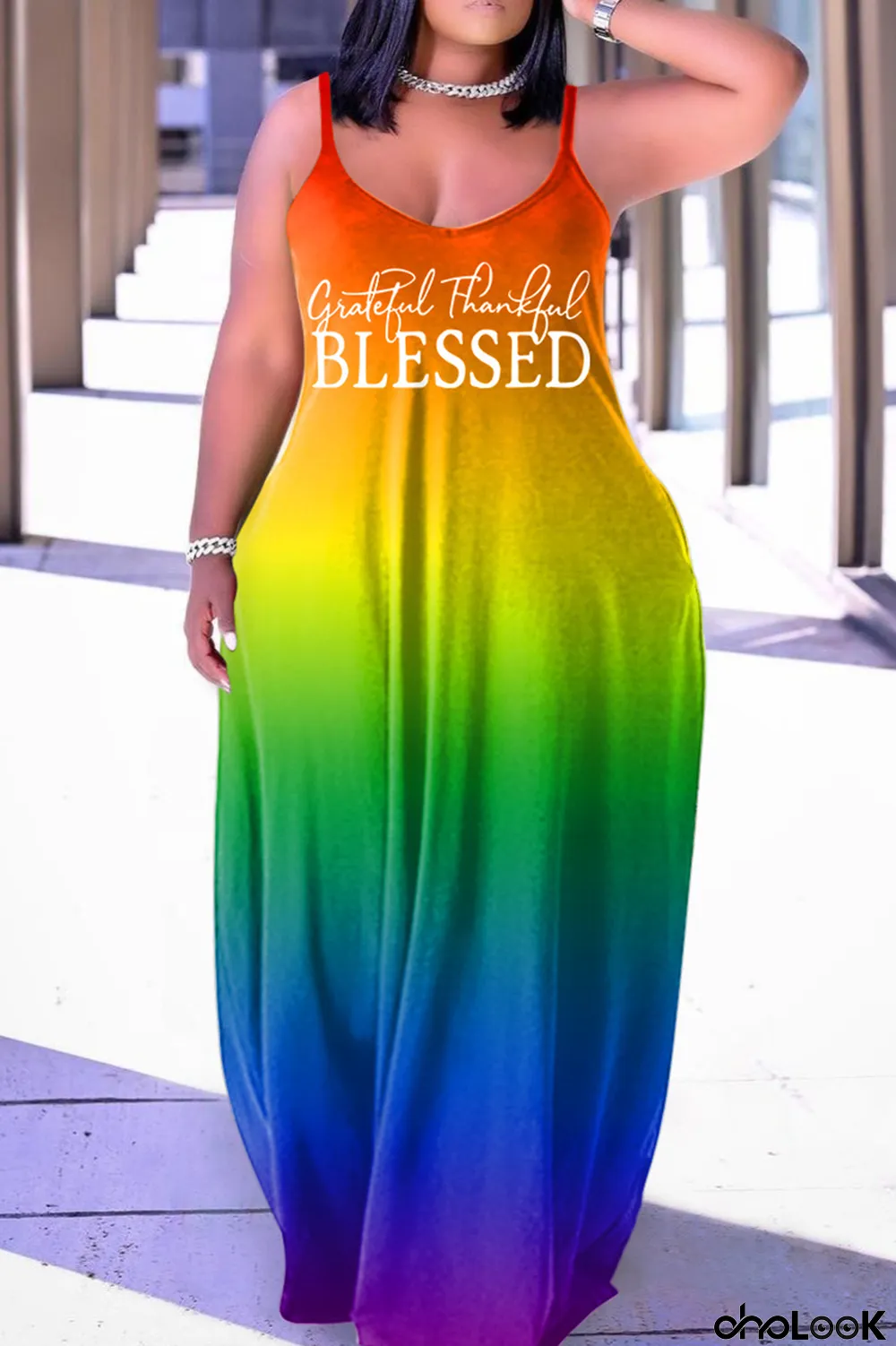 Tangerine Red Sexy Casual Print Backless Spaghetti Strap Long Dress Dresses