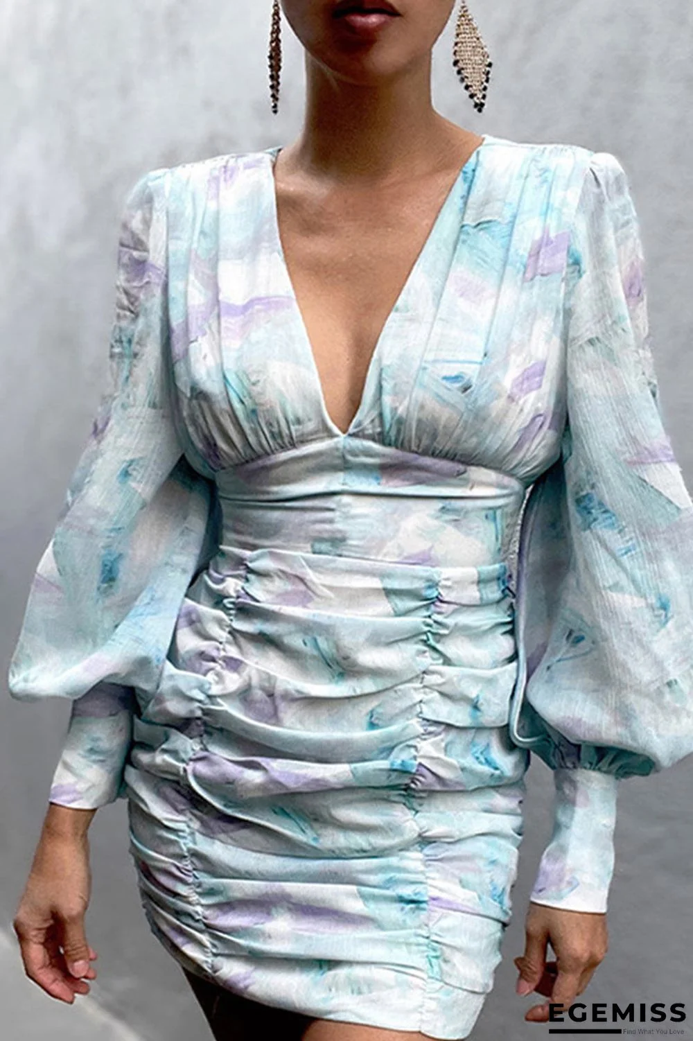 Fashion Sexy Mixed Printing Fold V Neck Wrapped Skirt Dresses | EGEMISS