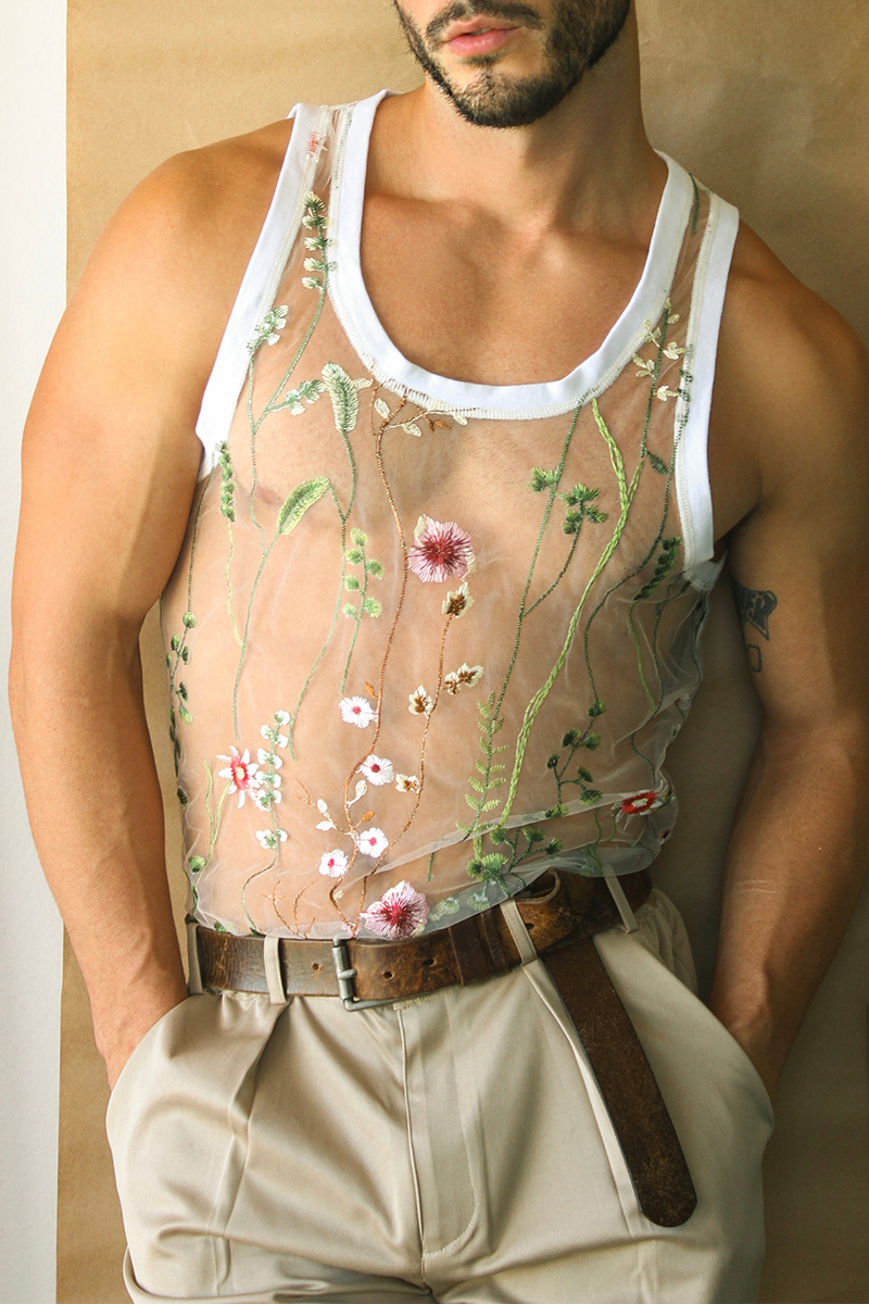 Men's See Through Floral Embroidery Mesh Tank Top