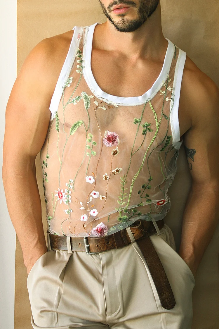 Ciciful Men's See Through Floral Embroidery Mesh Tank Top