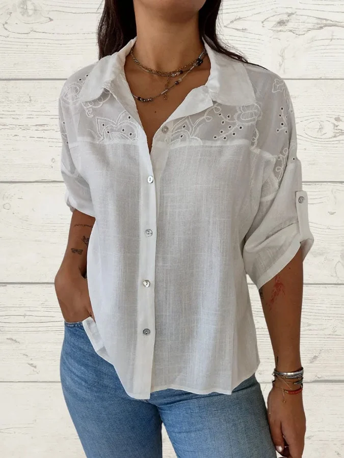 Women'S Casual Solid Color Lapel Stitching Lace Shirt