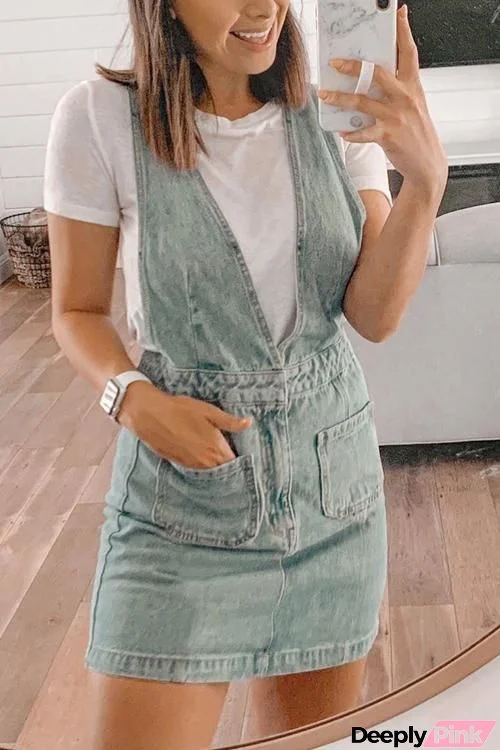 Pockets Overalls Denim Mini Dress