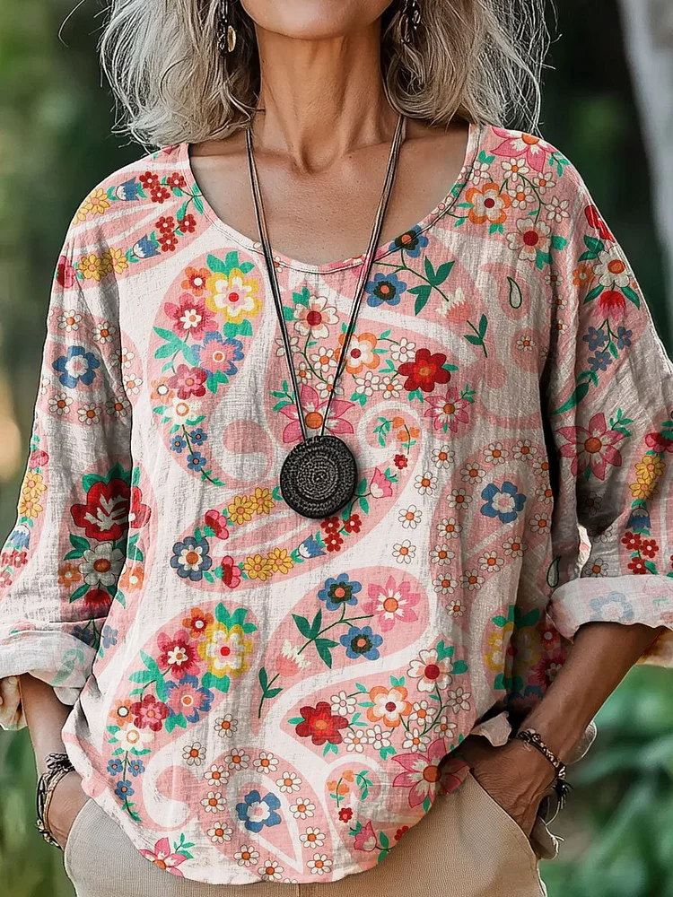 Women's Paisley Art Print Casual Cotton And Linen Shirt