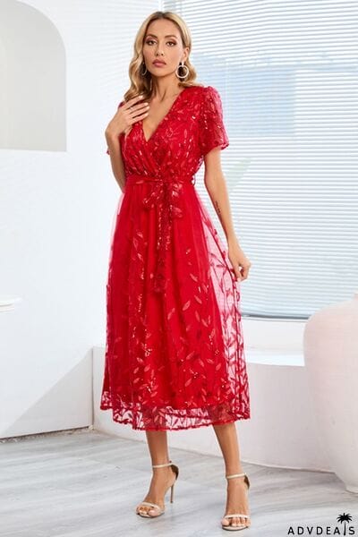 Sequin Leaf Embroidery Tie Front Short Sleeve Dress