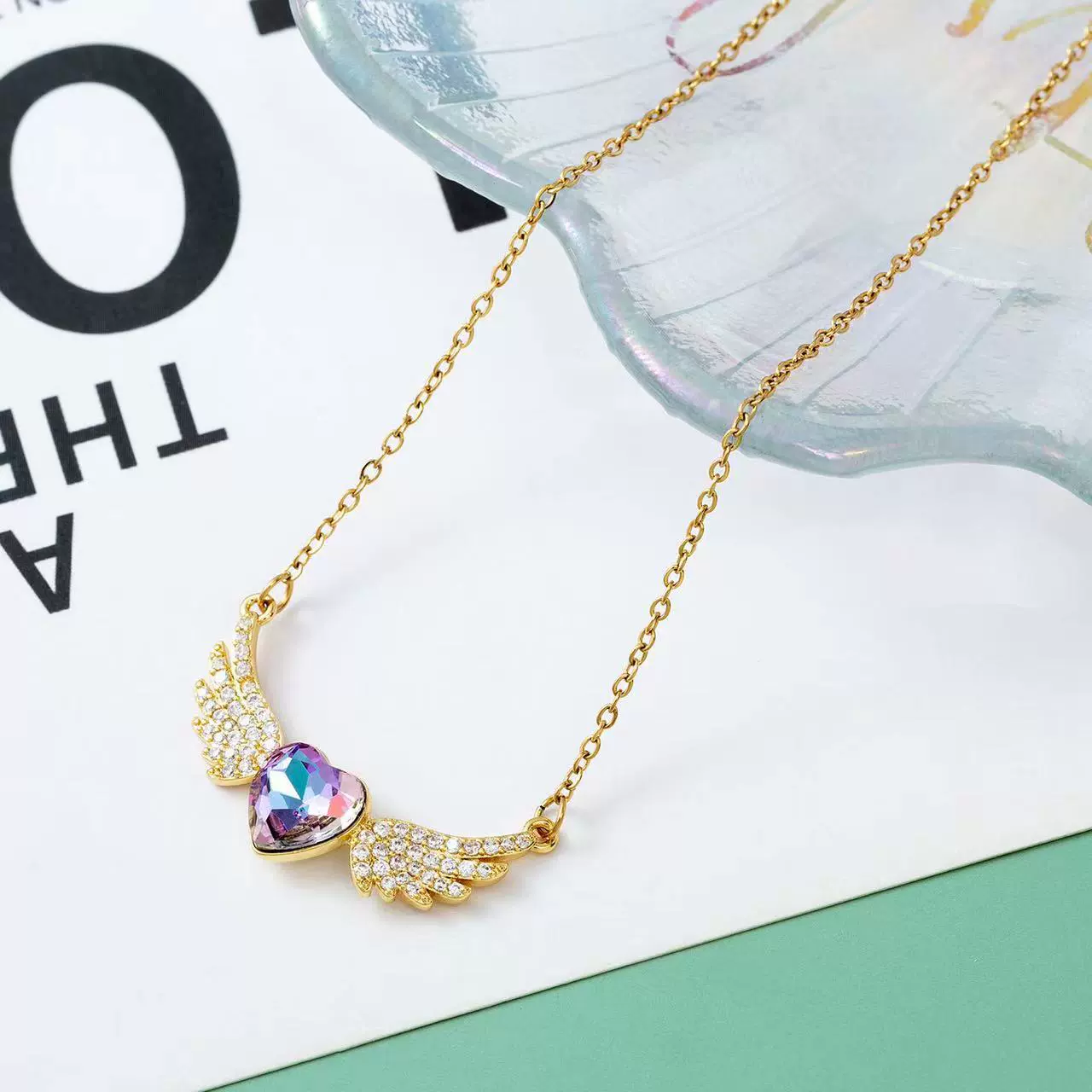 Angel Wings Heart Zirconia Gold Plated Necklace