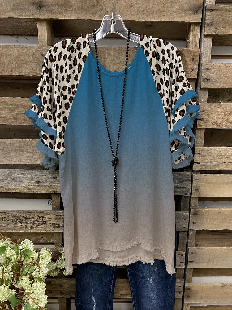 Casual leopard print short-sleeved gradient top-Mayoulove