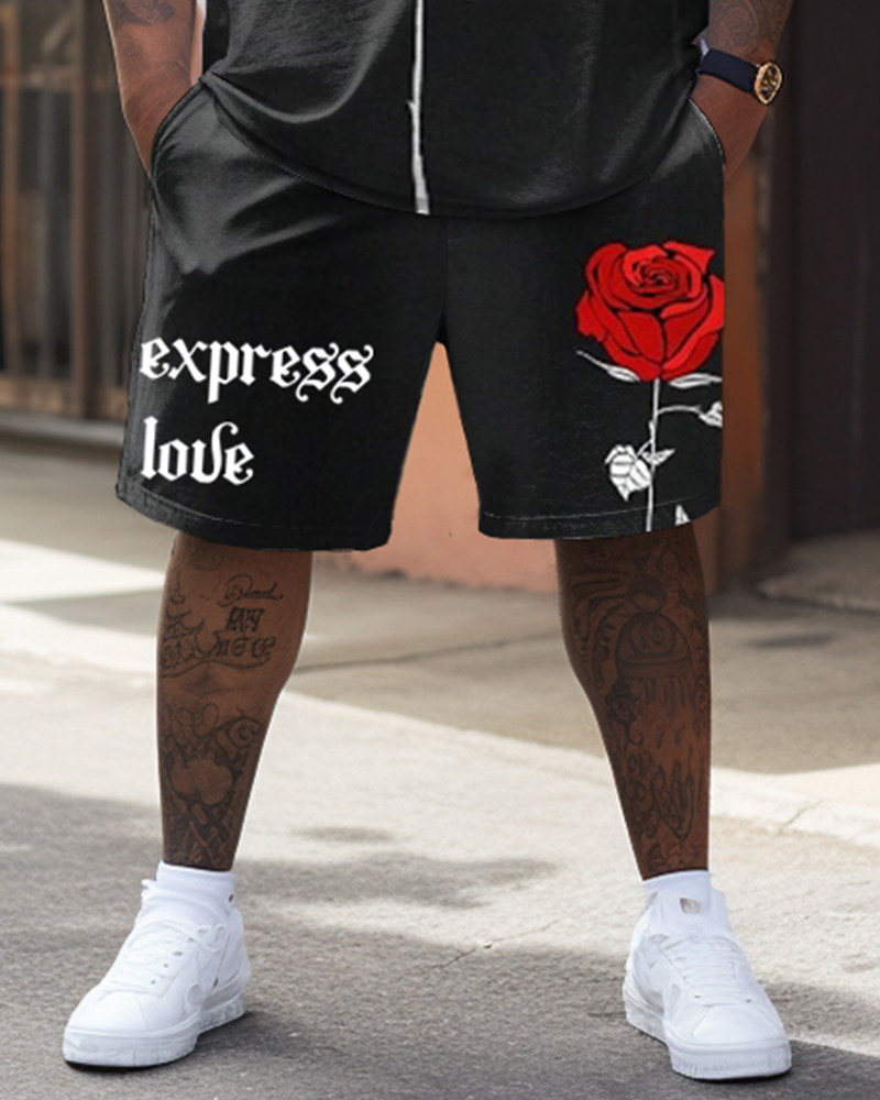 Men's Plus Size Rose Print T-shirt Shorts Set