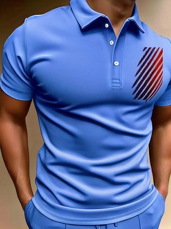 Men's Casual Stripes Printed Short Sleeved Polo Shirt at Hiphopee