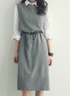 Pullover vest dress New Autumn Winter long Knitted Women Sweaters vest Sleeveless Warm Sweater Casual Solid Vestido with belt