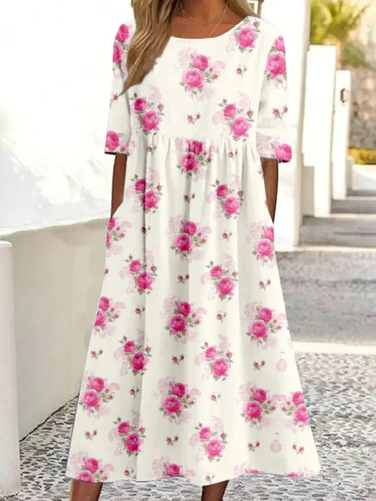 Vintage Floral Print Round Neck Pocket Midi Dress