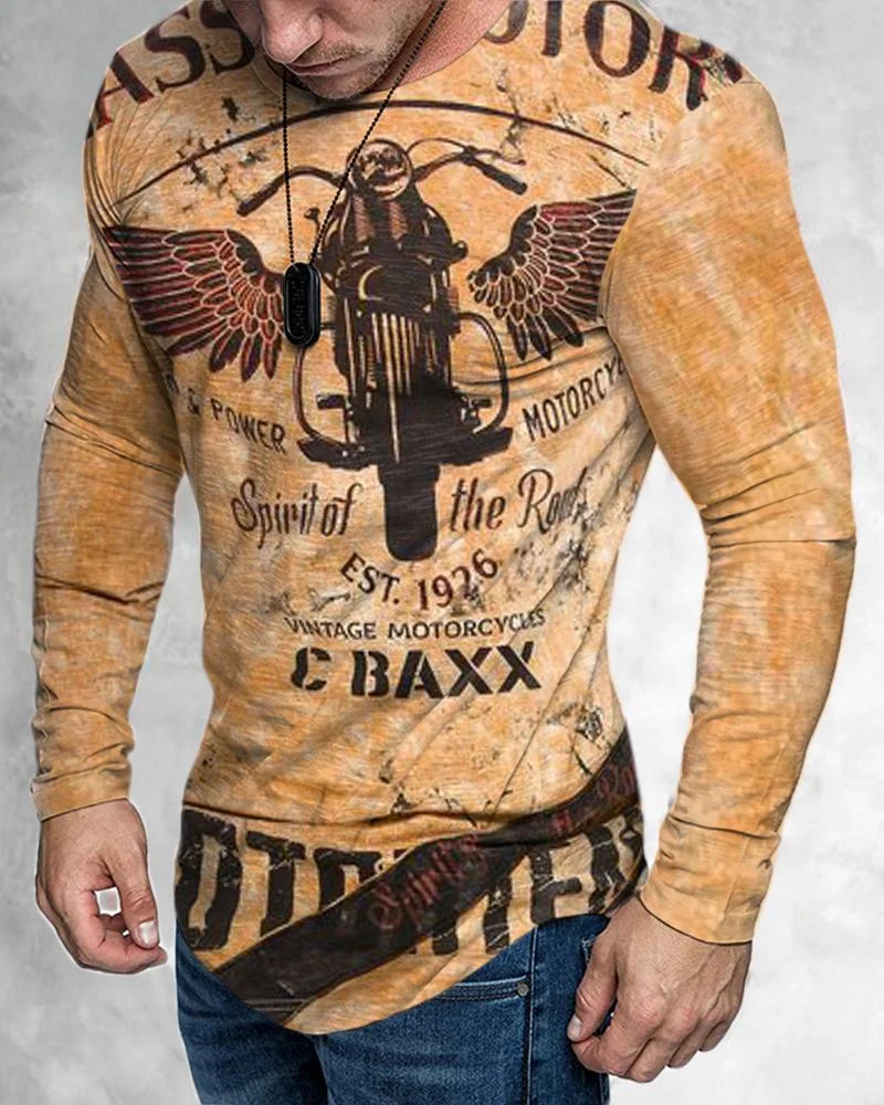 Men's Casual Long Sleeved Creative Motorcycle Pattern T-shirt