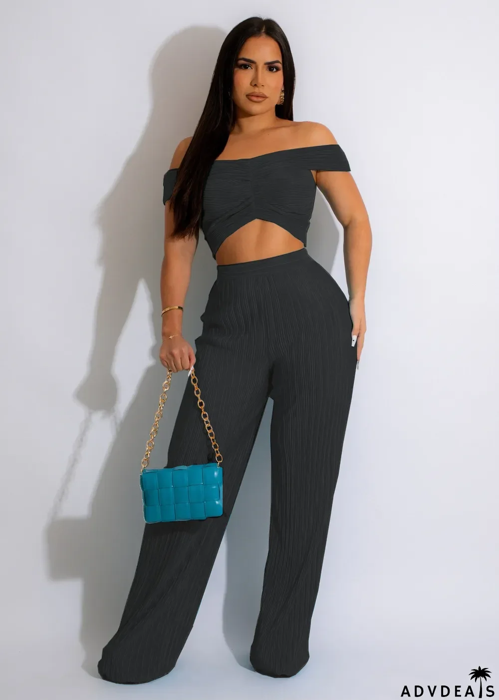 Women's Spring Summer Sexy Solid Color Strapless Off Shoulder Crop Top Wide Leg Pants Two-Piece Set