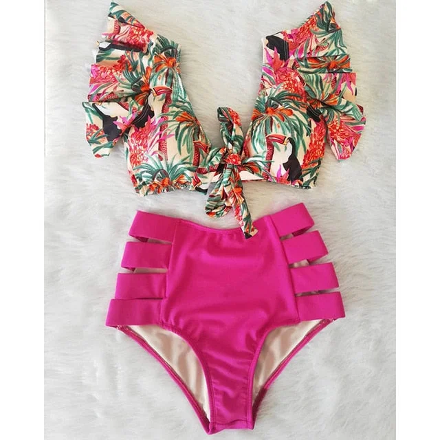 High Waist Ruffled Sexy Bikini Set 2022 Flounce Biquini Swimwear Women Two Pieces Swimsuit Floral Beachwear V-Neck Bathing Suit