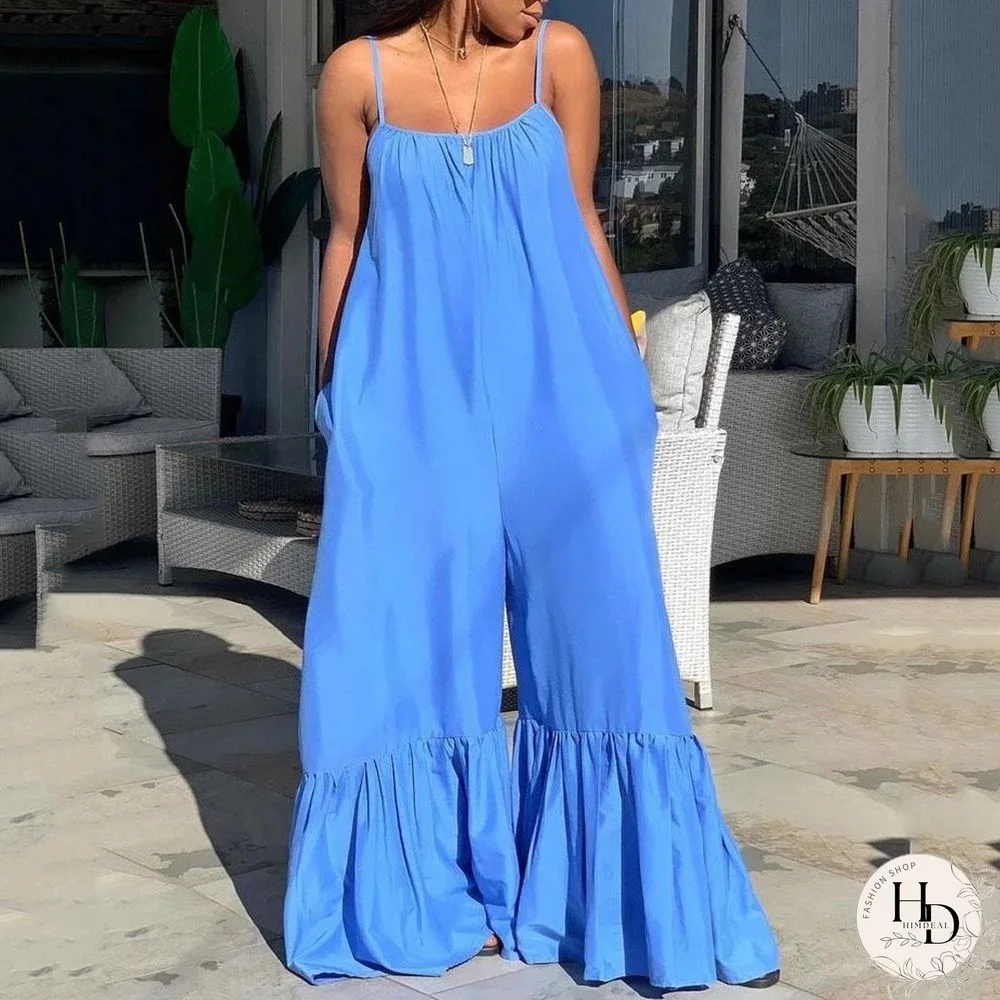 New Loose Jumpsuits & Rompers Women Spaghetti Strap Flare Pants Fashion High Street Wear Clothes Long Rompers & Overalls