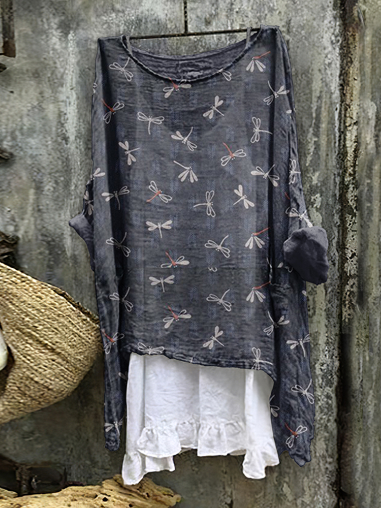 Comstylish Women's Vintage Dragonfly Cozy Linen Blend Tunic