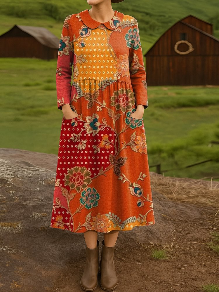Women's Ethnic Floral Art Print Cotton Lapel Button-Down Shirt Dress
