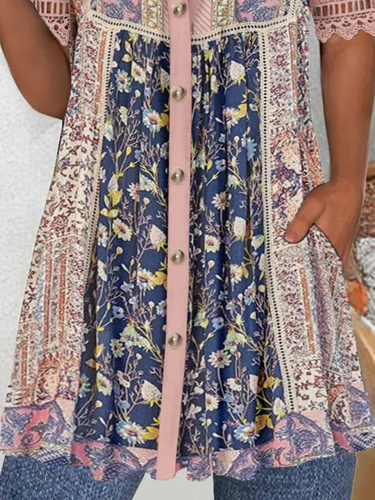 (PRE ORDER)Women's Short Sleeve V-neck Graphic Lace Buttons Tops