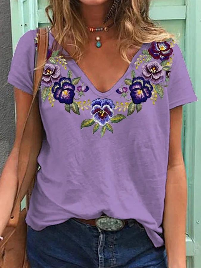Women's Alzheimer's Purple Floral Print V-Neck T-Shirt socialshop