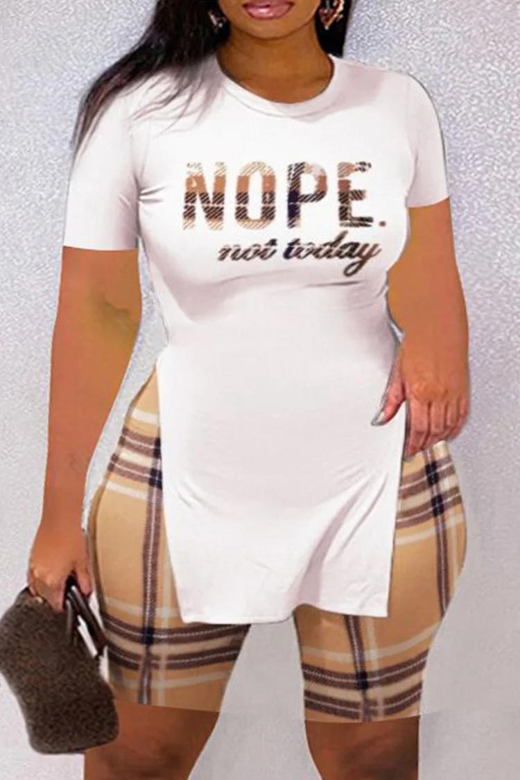 Khaki Fashion Casual Letter Print Slit O Neck Plus Size Two Pieces