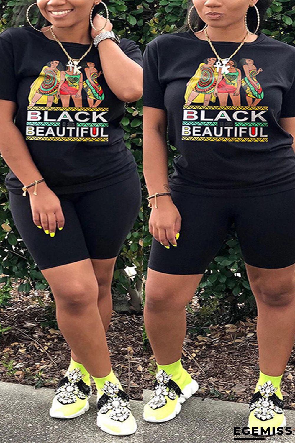 Black Fashion Casual Printed Short Sleeve Plus Size Set | EGEMISS