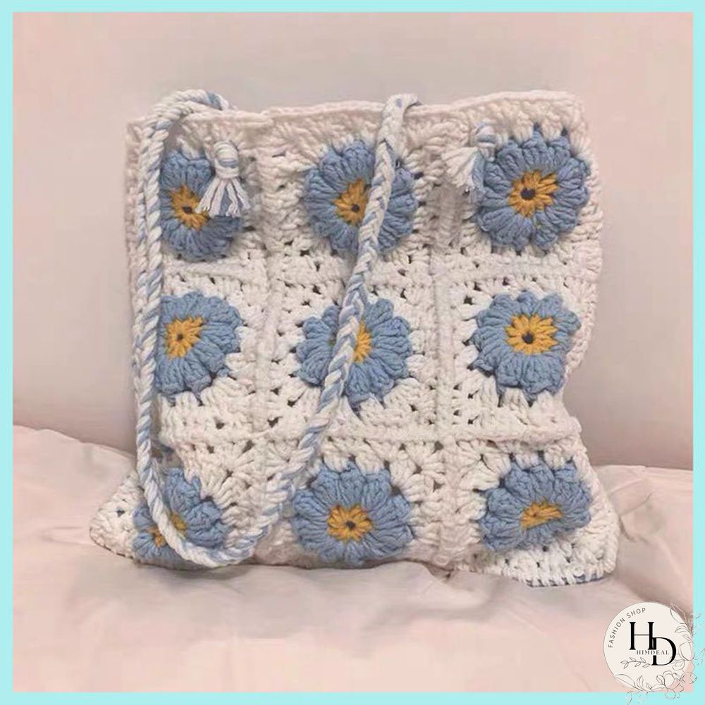 Multi Colors Hand Woven Knit Summer Sunflower Daisy Flowers Tote Bag