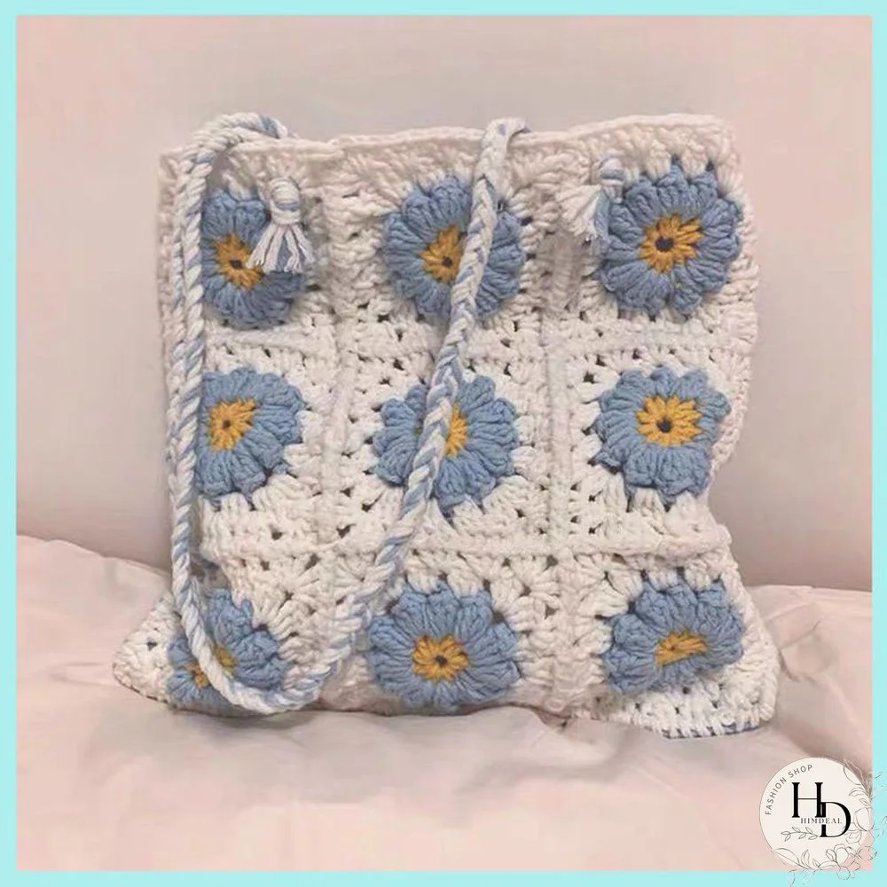 Multi Colors Hand Woven Knit Summer Sunflower Daisy Flowers Tote Bag