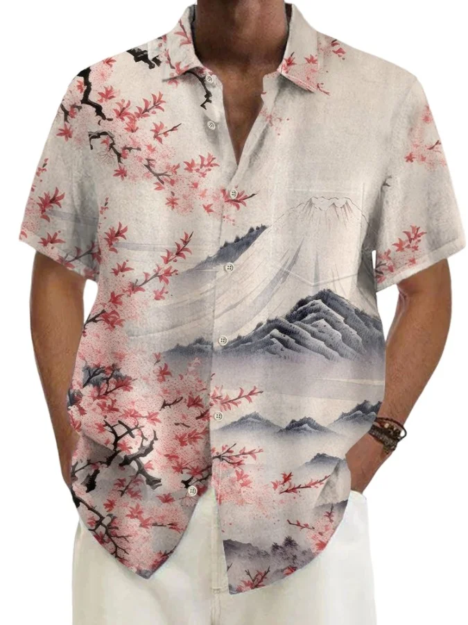Men's Japanese Cherry Blossom Print Pocket Short Sleeve Shirt