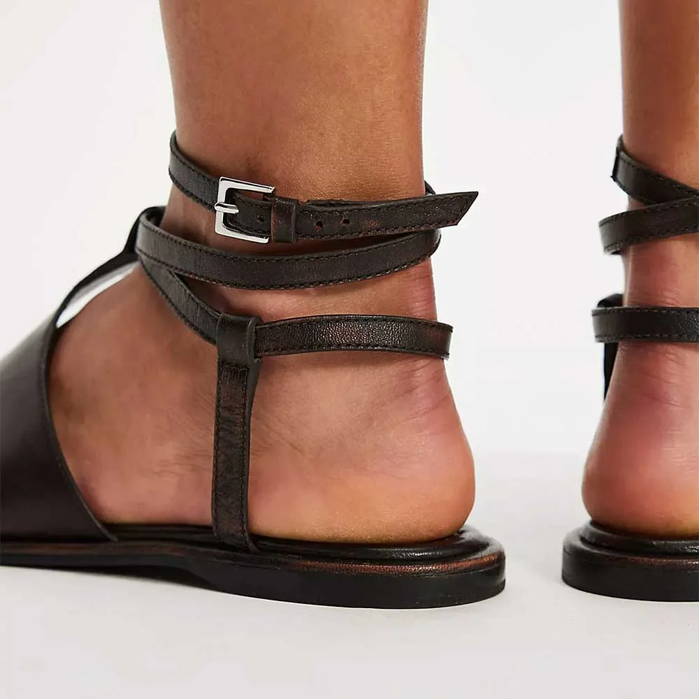 Black Faux Leather Square Toe Flat Wrap Ankle Strap Women's Sandals