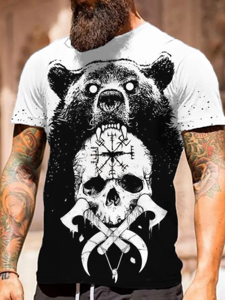 BrosWear Men's Viking Vegvisir Skull Contrast Round Neck T Shirt