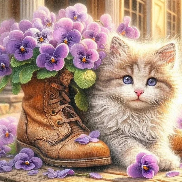 Cat And Flower Boots 30*30CM (Canvas) Full Round Drill Diamond Painting gbfke