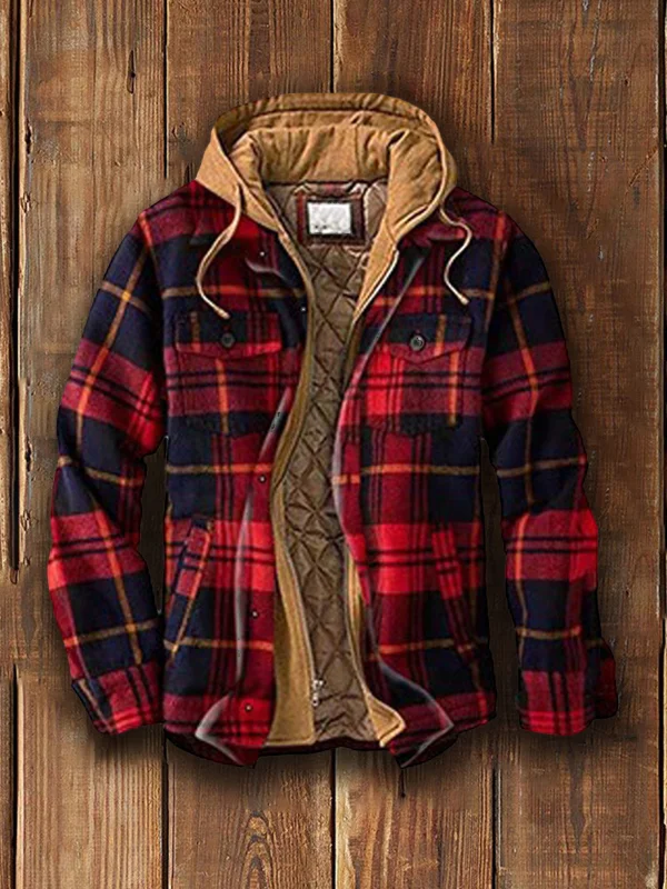 Men's Autumn and Winter Plaid Long Sleeve Loose Hooded Jacket