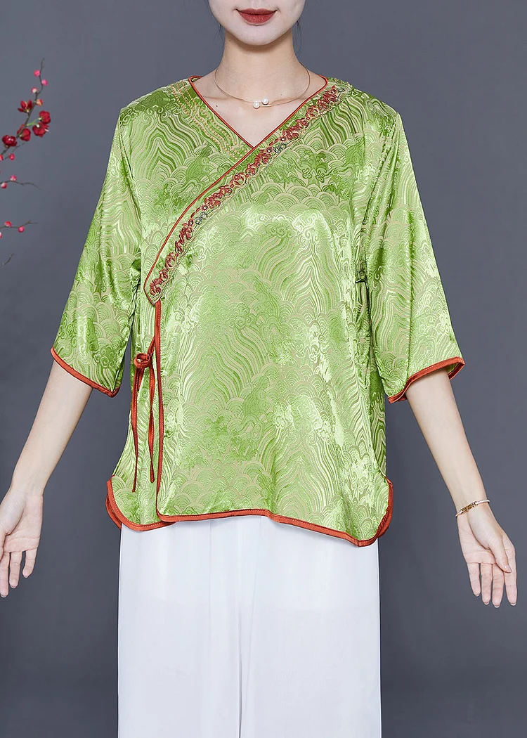 Elegant Grass Green Embroideried Lace Up Silk Top Summer