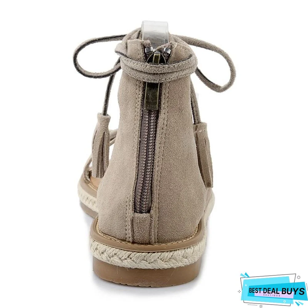 Women Summer Gladiator Sandals Lace-up Peep Toe Flat Tassel Cross Tied Beach Shoes