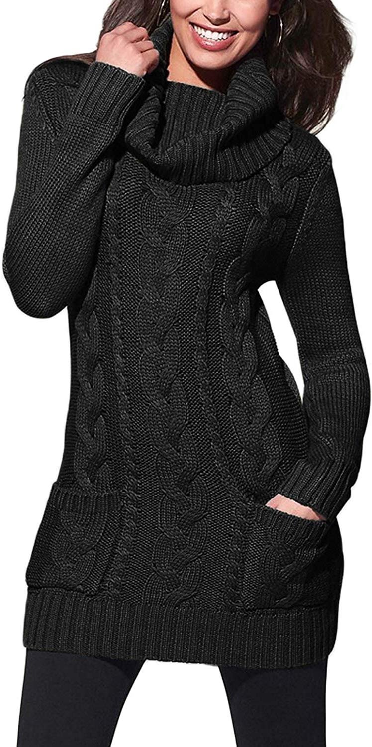 Womens Turtleneck Long Sleeve Elasticity Chunky Cable Knit Pullover Sweaters Jumper