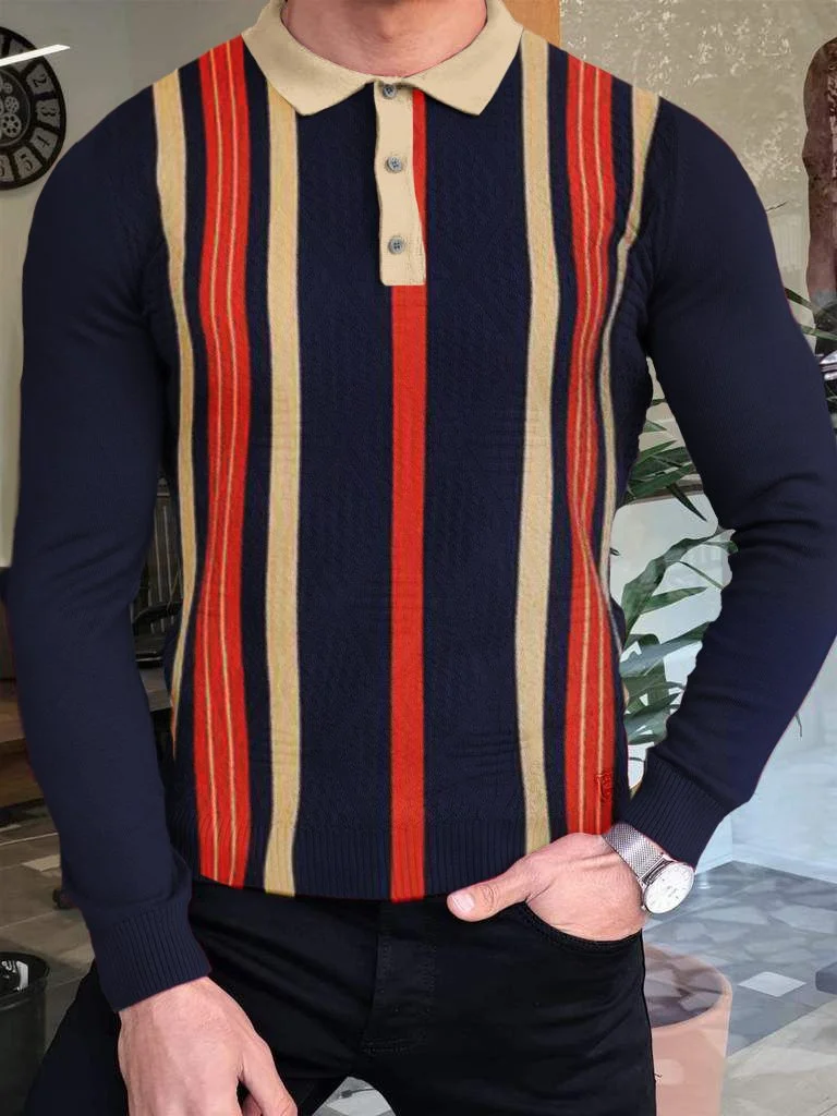 men's casual striped polo plaid long sleeve